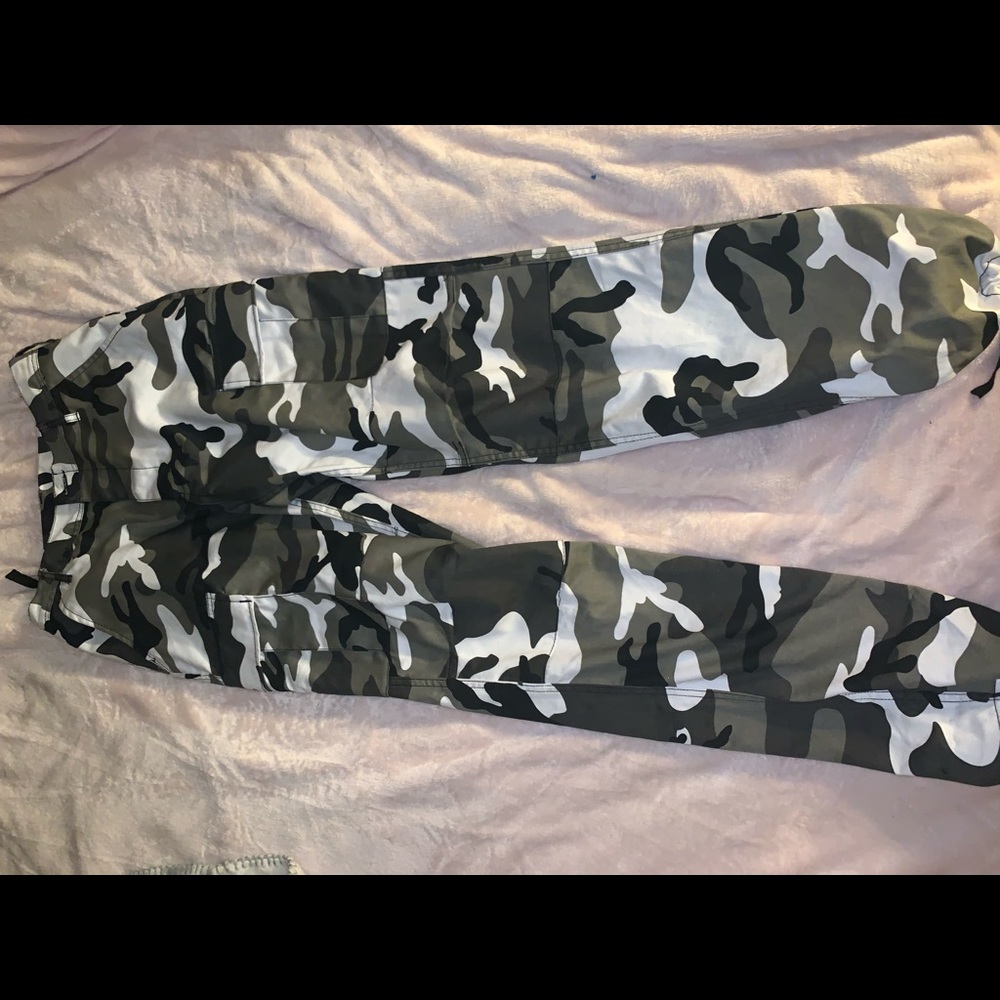 Black grey and white camo cargo pants